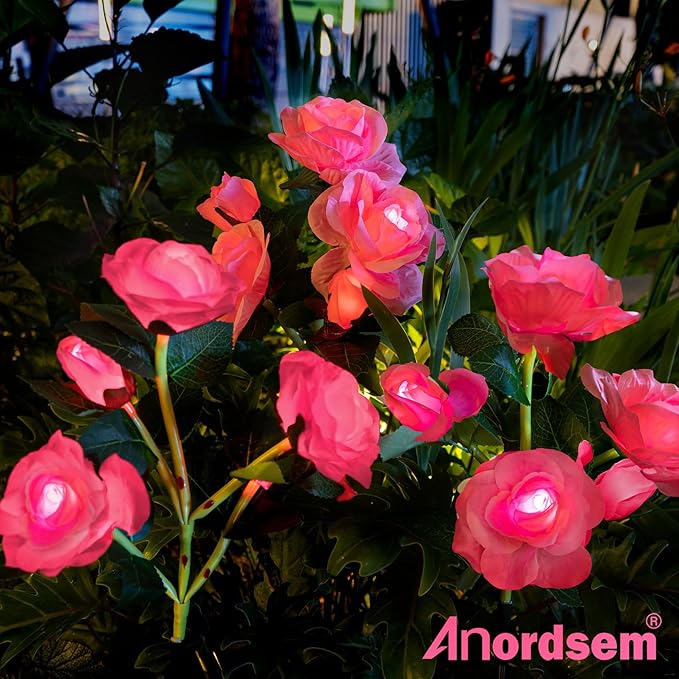 Anordsem Solar Garden Lights Outdoor: 10 Waterproof Fabric Roses 2 Pack - Pink LED Flower Decorations for Yard Patio Path Cemetery Grave - Mother's Day Gifts for Her Women Mom Wife