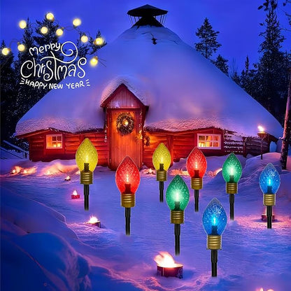Jumbo C9 Christmas Pathway Lights Outdoor,7FT Jumbo Christmas Lights with Pathway Marker Stakes and 4 LED Diamond Pattern Multicolor Bulb for Holiday Outside Yard Garden Decor,4 Lights