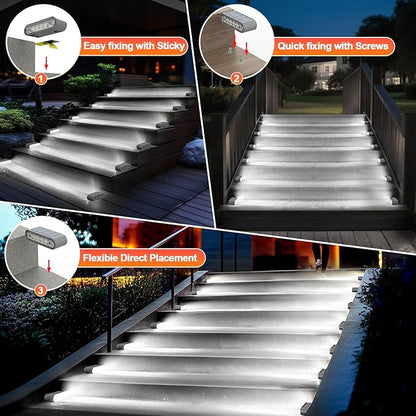 Solar Step Lights for Outside, 8-Pack Stair Light Outdoor Waterproof IP67, 14 LED Cool White Light Solar Powered Lighting for Steps, Stairs, Deck, Patio, Walkway, Front Porch Decor