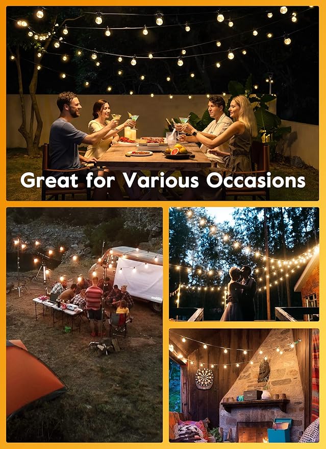 LED G40 Outdoor String Lights Patio Lights 109FT with 104 LED Shatterproof Bulbs, Weatherproof Commercial Hanging Lights for Backyard Bistro Pergola Party Decor, E12 Socket Base, 2200K, Black