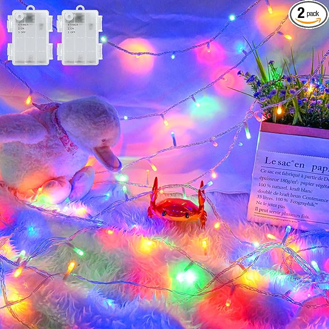 Christmas String Lights Outdoor Waterproof 9.8ft 30 LED, Muliticolor Fairy Lights Battery Operated with Timer Clear Wire for Indoor & Outdoor Christmas Decorations Garland Party Garden 2 Packs