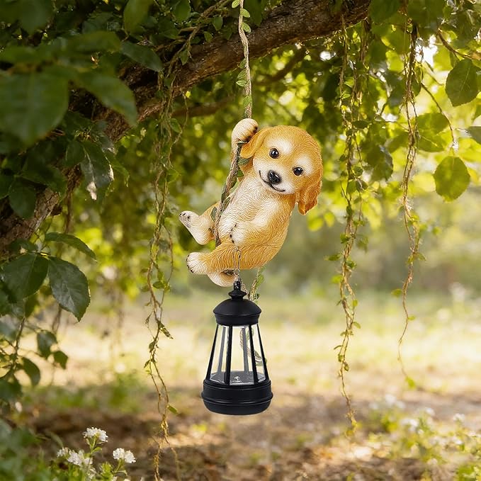 Solar Hanging Dog Statue, Outdoor Resin Golden Retriever Dog Figurine with LED Lights, Puppy Animal Ornament for Garden, Fence, Porch, Patio, Yard Decor, Dusk to Dawn Auto On/Off