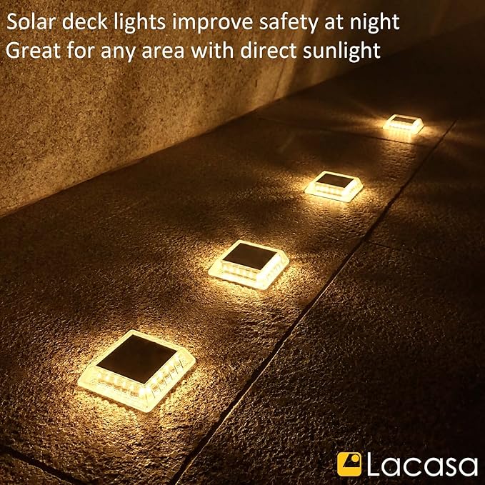 Lacasa Solar Deck Lights, 4 Pack 30LM LED Dock Light Warm White 2700K, Outdoor Solar Powered Step Light Up All Night IP68 Waterproof Auto ON/Off for Garden Stairs Driveway Pathway