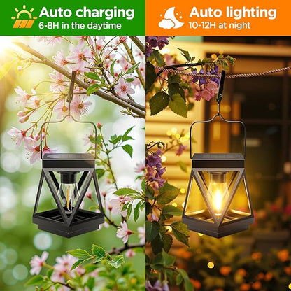 KOOPER 2 Pack Solar Lanterns Outdoor Waterproof, Upgraded Black Metal Hanging Solar Lights Outdoor Lanterns Decorative for Yard Patio Table Pathway Garden Decor