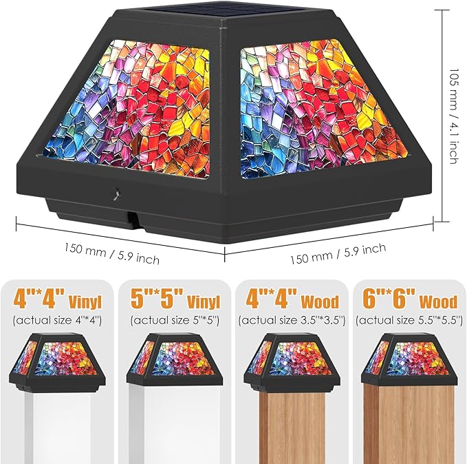 Solar Post Cap Lights - 4x4, 5x5, 6x6 Fence Post Solar Lights, Daffodils Lampshade, 15LM Bright LED, IP65 Waterproof Outdoor Post Lights for Garden, Yard, Deck, Warm White (Mosaic, 4)