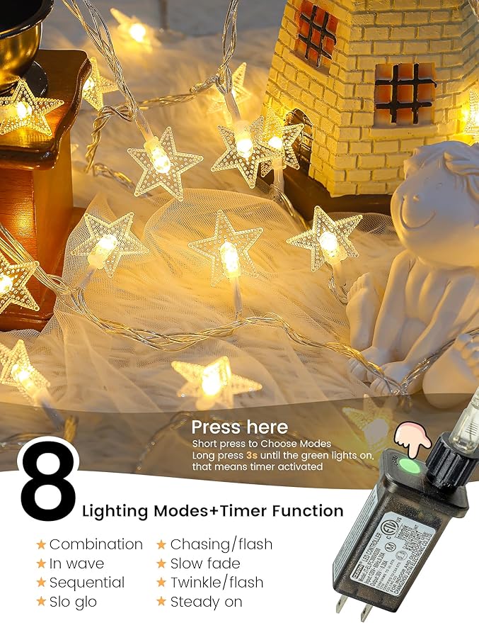 39FT 100 LED Warm White Star String Lights Plug in Fairy Lights with Remote,Hanging Star Lights for Indoor Outdoor Bedroom,Classroom,Dorm,Kids Tent,Party Decor