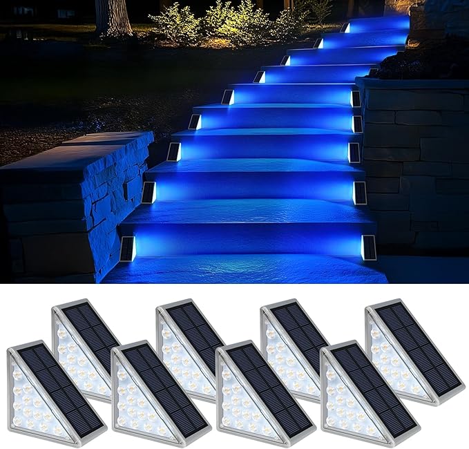 8-Pack Solar Deck Step Lights, Blue Waterproof