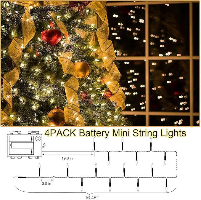 4PACK Christmas Mini String Lights Battery Operated,16.5FT 50 Count LED Forest Battery Christmas Lights with Timer 8 Modes Waterproof Battery Mini String Lights for Christmas Decorations Tree Wreath