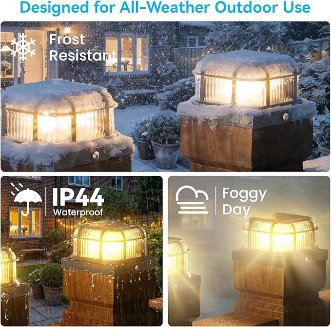 Solar Post Light 4 Packs with Two Light Modes, Includes 4x4, 5x5 and 6x6 Base for Vinyl/Wooden Posts, Bright 16 LEDs Cap Lights Decorate Deck, Patio, Porch, Fence (Black)
