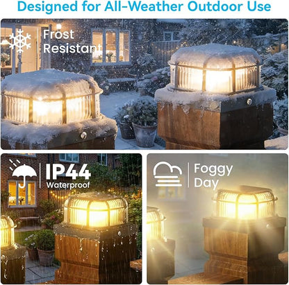 Solar Post Light 4 Packs with Two Light Modes, Includes 4x4, 5x5 and 6x6 Base for Vinyl/Wooden Posts, Bright 16 LEDs Cap Lights Decorate Deck, Patio, Porch, Fence (Black)
