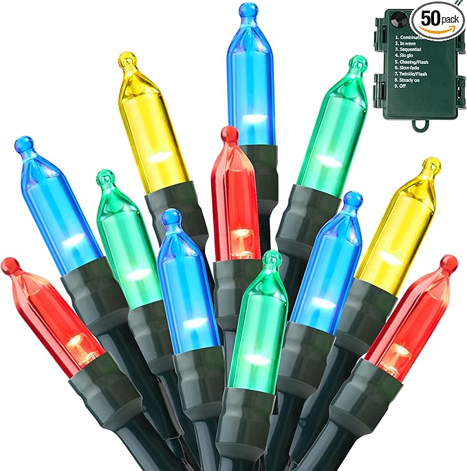 Joiedomi LED Christmas String Lights,50 Count 16.3FT Battery Operated Christmas Tree Fairy Lights with 8 Modes,Multifunction Green Wire for Xmas Decor Party Holiday House,Multicolor