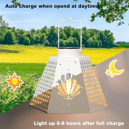 Outdoor Solar Lanterns Waterproof Hanging Solar Metal Lantern 9.5" Seashell LED Lantern Yard Art Decor for Yard, Patio, Hallway, Birthday Mothers' Day Gifts (2Pack, White)