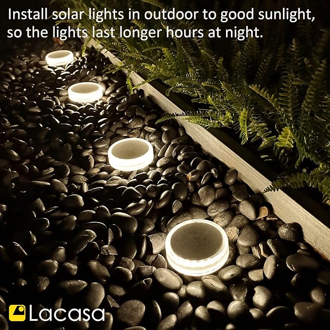 Lacasa Solar Deck Lights, 4 Pack 30LM Outdoor Solar Powered Step Lights, LED Dock Lights Natural White 4000K Light up All Night IP68 Waterproof Auto ON/Off for Garden Stairs Driveway Pathway Lighting