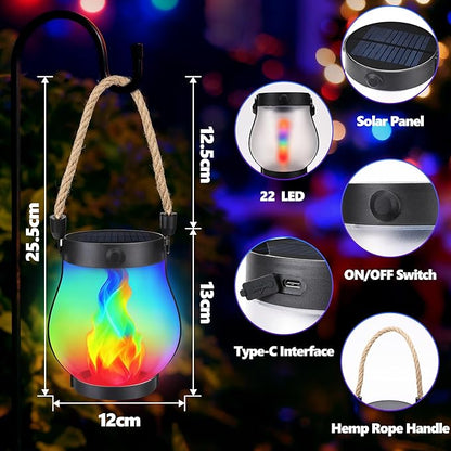 Christmas Solar Flame Lanterns Hanging Outdoor Waterproof - 2 Pack Flame Lanterns with Dual Charging Modes of Solar & USB for Garden or Yard Christmas Decorations (Multicolor - 2 Pack)