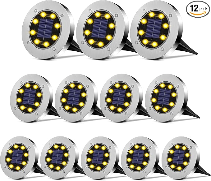12-Pack Solar Ground Disk Lights, Waterproof LED