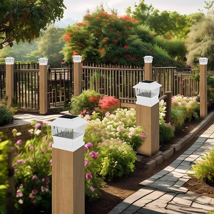 Solar Post Cap Lights 4 Pack, Modern #2: Fits True 4x4 Vinyl & 5x5 Wood Posts, 3 Color Temperature, 50 Lumen Waterproof Outdoor Lights for Deck Fence, Elegant White