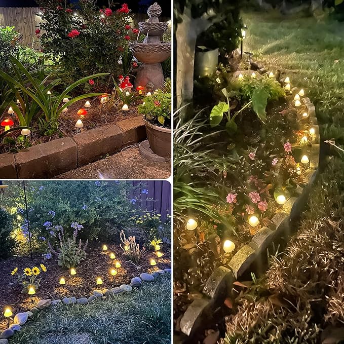 OZS 2PK 32LED 55FT Mushroom Solar Garden Lights Outdoor, Solar String Lights Waterproof with 8 Lighting Modes, Solar Garden Decor for Outside, Pathway Light for Yard Decoration (Warm White)