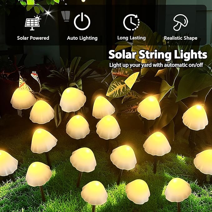 OZS 2PK 32LED 55FT Mushroom Solar Garden Lights Outdoor, Solar String Lights Waterproof with 8 Lighting Modes, Solar Garden Decor for Outside, Pathway Light for Yard Decoration (Warm White)