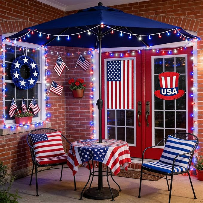 JMEXSUSS 33ft 100 LED Red White and Blue Lights Outdoor, 4th of July Lights Battery Operated with Remote, 8 Modes Patriotic Decorations for Indoor Outside Independence Day American Flag Holiday