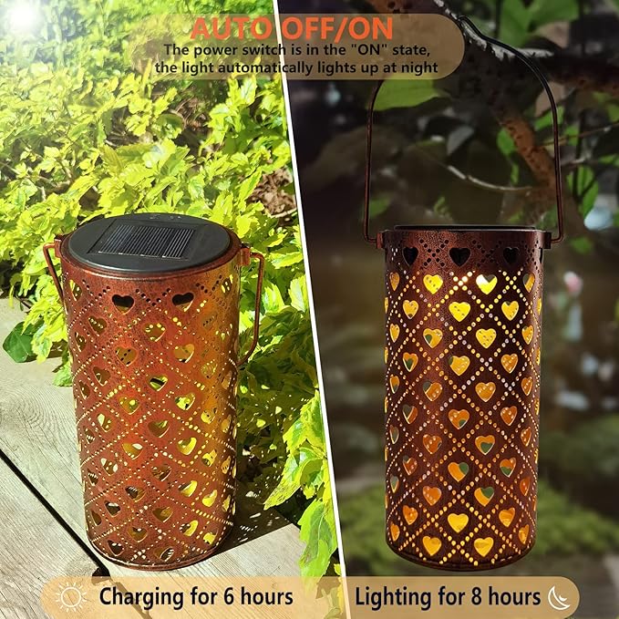 Heart Solar Hanging Lanterns 2-Pack, Rustic Garden Decor