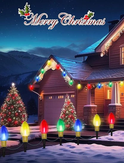 C9 Christmas Multicolor Pathway Lights, 7Ft Outdoor Christmas Pathway Markers Stakes Lights with 4 Jumbo C9 Multicolor LED Bulbs, Connectable Xmas Walkway Light for Driveway Yard Lawn Garden