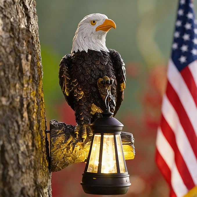Eagle Tree Hugger with Solar Lantern - Resin Eagle Statue for Outdoor Garden Decor - Ideal Eagle Housewarming & Birthday Gifts for Grandma Mom Women