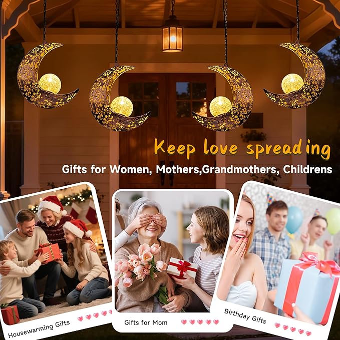 Hanging Solar Lights Outdoor Decor,Moon Garden Statues Decorative Waterproof Metal Figurines Lamp Outside Yard Decorations,Unique Ideas Birthday Gifts for Women Mom Mothers Day Fairy Accessories