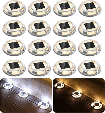 Solar Driveway Lights Dock Lights Waterproof 16 Pack, 2 Colors in 1 Outdoor LED Solar Deck Light, Solar Powered Walk Way Light Road Marker for Stair Pathway Patio(Warm & Cool)