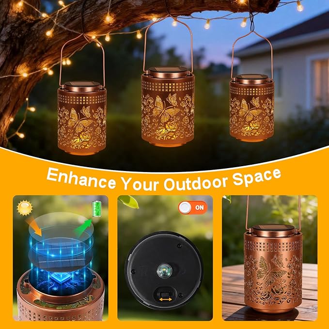 Solar Lanterns Outdoor Waterproof Butterfly Garden Decor Gifts for Women Mom Grandma, Hanging Solar Lights Metal Garden Decoration Outside for Yard, Patio, Backyard, Porch for Gift Card Box Packaging