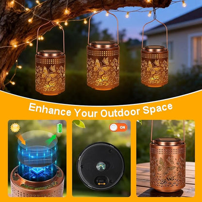 Solar Lanterns Outdoor Waterproof Butterfly Garden Decor Gifts for Women Mom Grandma, Hanging Solar Lights Metal Garden Decoration Outside for Yard, Patio, Backyard, Porch for Gift Card Box Packaging