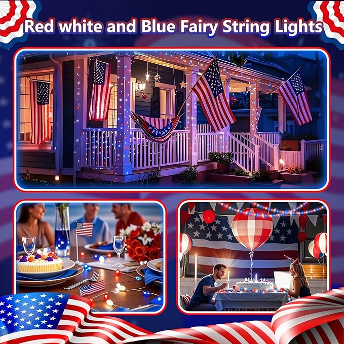 4 Pack Red White and Blue Fairy Lights Battery Operated with Remote, 33FT Waterproof 100 LED Patriotic String Lights with Timer & 8 Modes Outdoor Indoor for Independence Day 4th of July Decorations