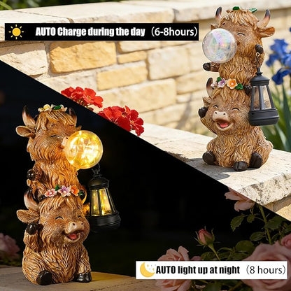 Solar Highland Cow Garden Statue with LED Lights, Cute Resin Outdoor Decor with Glowing Lantern & Light-Up Bubble, Waterproof Solar Yard Ornament for Lawn, Patio & Garden (Brown Cow)