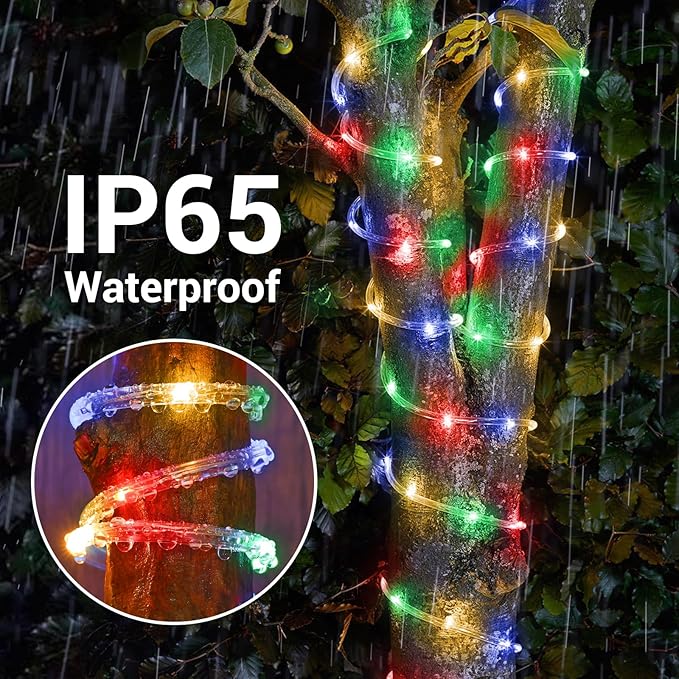 Solar Rope Lights, 33ft 100LED Solar String Lights, 8 Modes Waterproof Solar Powered Outdoor Light, Flexible Clear Tube Light for Garden, Backyard, Patio, Deck, Porch, Pool, Tree Decor - Multicolor