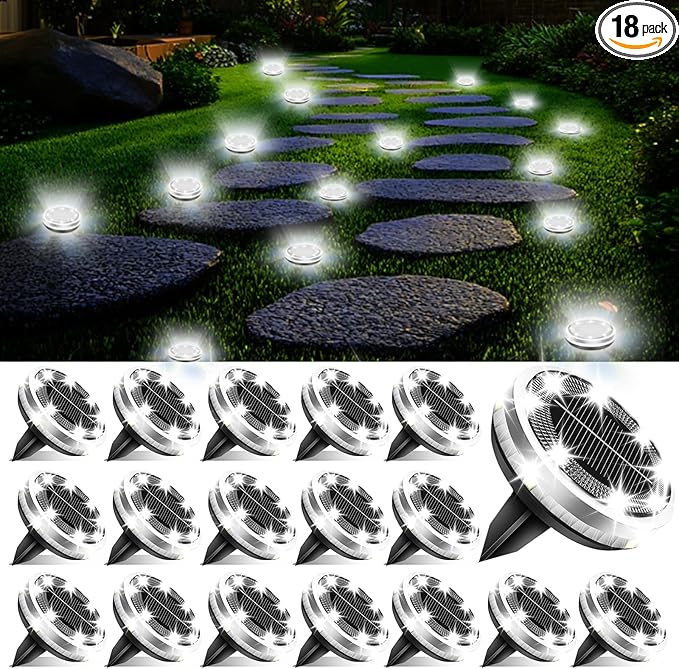 18-Pack Solar Ground Disk Lights, Cool White Waterproof LED
