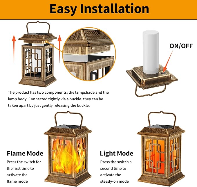 Flickering Solar Lantern Outdoor, Waterproof Hanging Flame Solar Powered Lantern for Pathway, Tabletop, Patio, Garden Decoratives (Bronze)