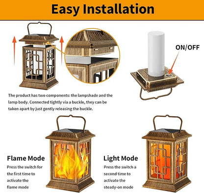 Flickering Solar Lantern Outdoor, Waterproof Hanging Flame Solar Powered Lantern for Pathway, Tabletop, Patio, Garden Decoratives (Bronze)