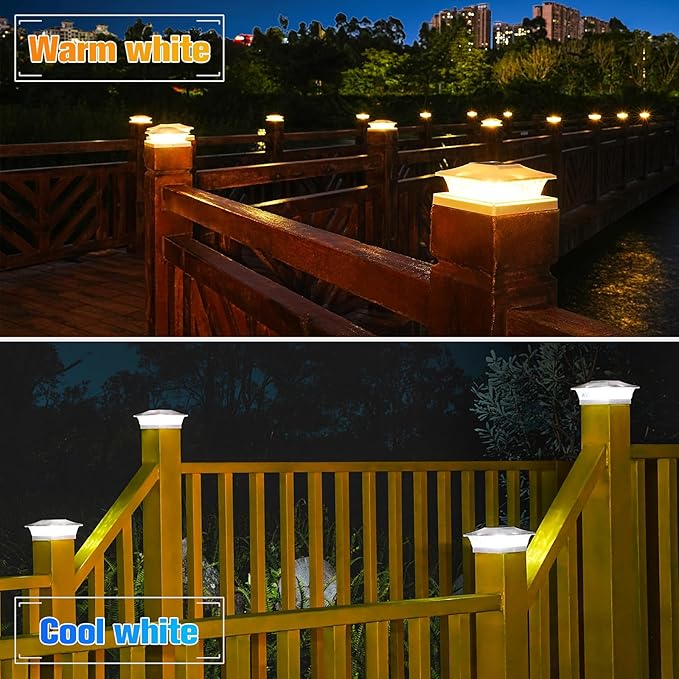 VOLISUN Solar Post Cap Lights Outdoor 4x4/6x6 Wooden/Vinyl Fence Cap Lights for Patio/Garden,Warm White with 2 Lighting Modes Waterproof,ABS Shell Lens White (12 Pack)