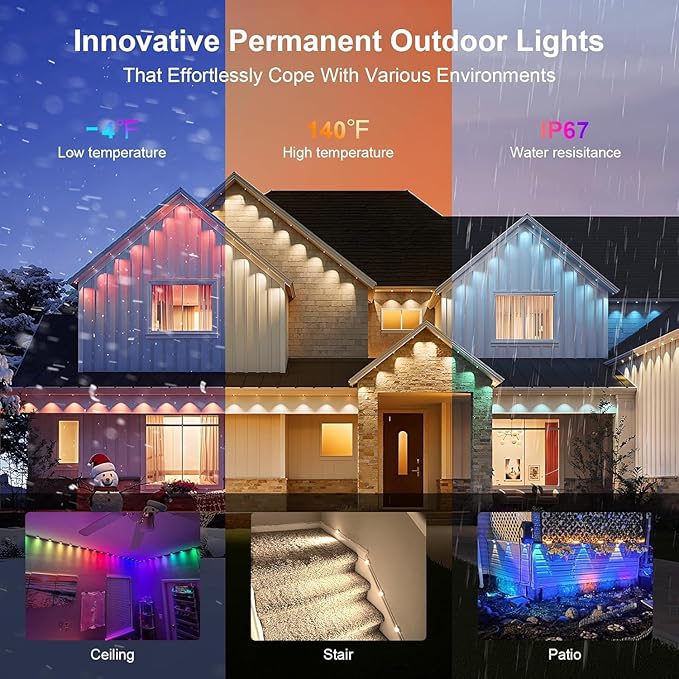 Permanent Outdoor Lights 100 FT Patio Lights,100ft RGB+IC Smart Outdoor Decor, 50 Scene Modes App/Remote Control, IP67 Waterproof for Christmas Holiday Party Decor for Garden House Roof Lighting
