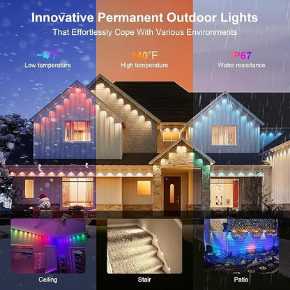 Permanent Outdoor Lights 100 FT Patio Lights,100ft RGB+IC Smart Outdoor Decor, 50 Scene Modes App/Remote Control, IP67 Waterproof for Christmas Holiday Party Decor for Garden House Roof Lighting