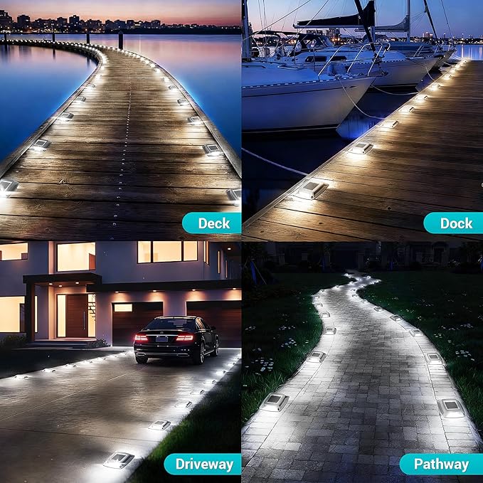 Solar Driveway Lights Outdoor 12 Pack, IP68 LED Solar Powered Waterproof Driveway Marker Deck Dock Lights for Dock Step Pathway Walkway Sidewalk Garden Yard Stair Marine (White)