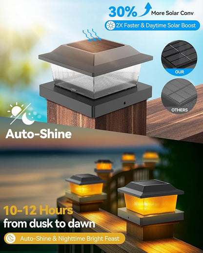 Solar Post Cap Lights Outdoor for 3.5x3.5 4x4 5x5 Wood/Vinyl Posts, 2 Pack Fence Post Solar Lights with Flickering Flame & Warm Modes for Deck/Garden/Patio, IP65 Waterproof - Black
