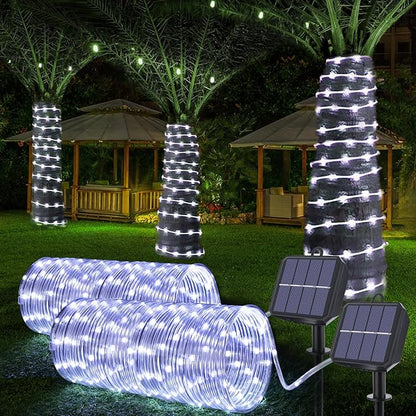Solar Rope Lights, 2 Pack Total 132ft 400LED Solar String Lights, 8 Modes Waterproof Solar Powered Outdoor Light, Flexible Clear Tube Light for Garden Backyard Patio Deck Porch Pool Tree Decor - White