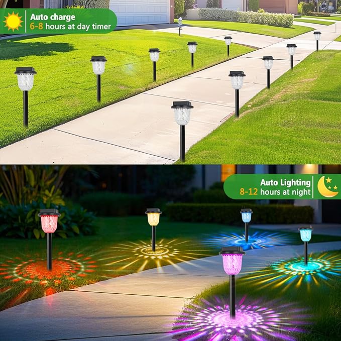 echosari 6 Pack Color Changing Solar Lights Outdoor Pathway, Dynamic Pattern Multicolor & Warm White Waterproof Solar Garden Lights Path Lights for Landscape Driveway Walkway Lawn
