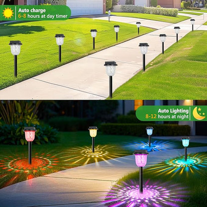 echosari 6 Pack Color Changing Solar Lights Outdoor Pathway, Dynamic Pattern Multicolor & Warm White Waterproof Solar Garden Lights Path Lights for Landscape Driveway Walkway Lawn