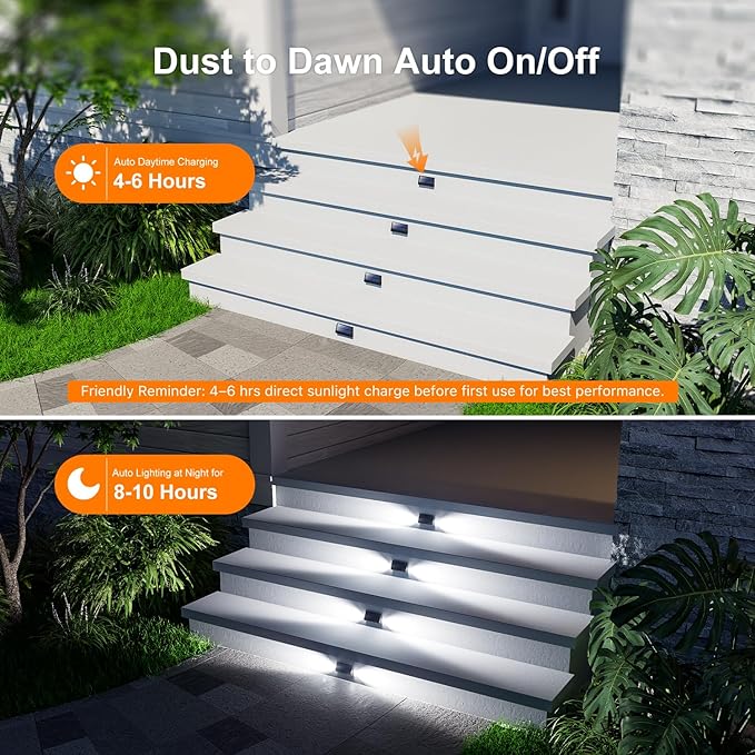 6 Pack Solar Powered Step Lights Outdoor Waterproof LED for Outside Deck Stair Safety Decorative Lamp for Porch, Yard, Patio, Wall, Fence, Walkway, Dual Sided Lighting for Enhanced Security Cool White