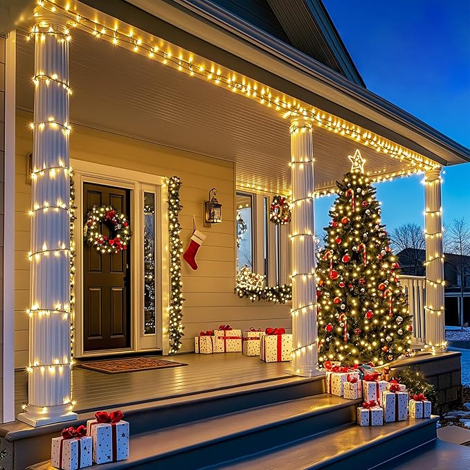 LAMPHOME 50 LED Outdoor Christmas Lights, 17 FT Battery Operated Mini String Light with 8 Modes & Timer, Xmas Tree Waterproof for Patio Garden Party Wedding Holiday Decor (Warm White)