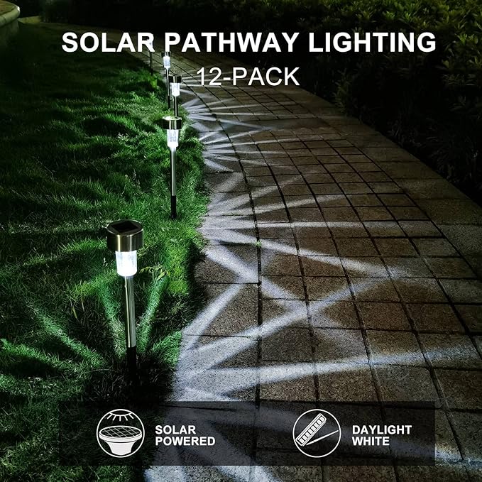 Dream Master Solar Lights Outdoor Waterproof, Stainless Steel LED Landscape Lighting, Solar Garden Lights, Outdoor Decorations for Yard, Pathway, Walkway, Patio, Lawn - 12 Pack (Cold White)