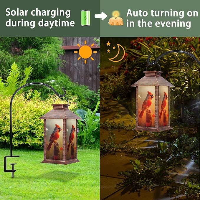 Solar Lanterns Outdoor, Waterproof Cardinal Garden Hanging Lanterns with LED Flickering Flameless Candles, Lantern Decor Christmas Gifts for Women Mom Grandma