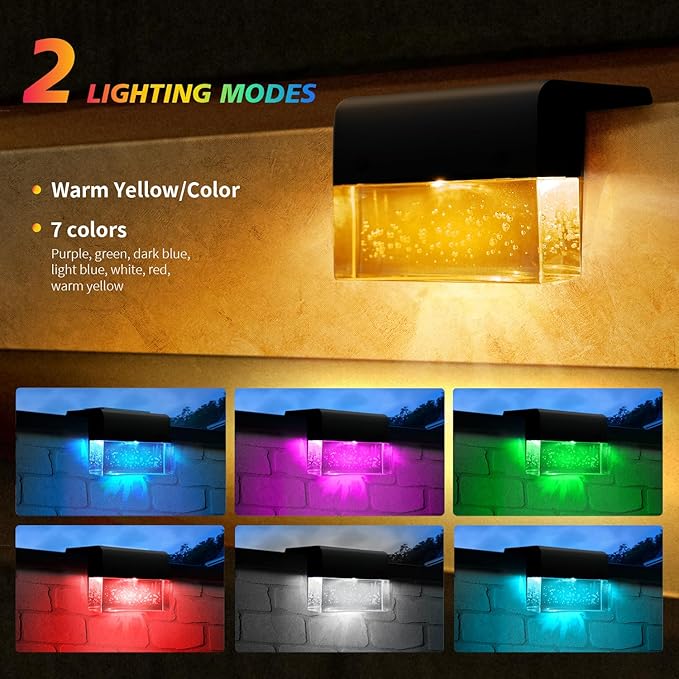SUNFACE Solar Deck Lights Outdoor, 6 Pack Waterproof LED Solar Step Lights with 2 Lighting Modes, Warm White & 7 Color Acrylic Bubbles Solar Fence Lights for Stairs, Backyard, Pool Decor