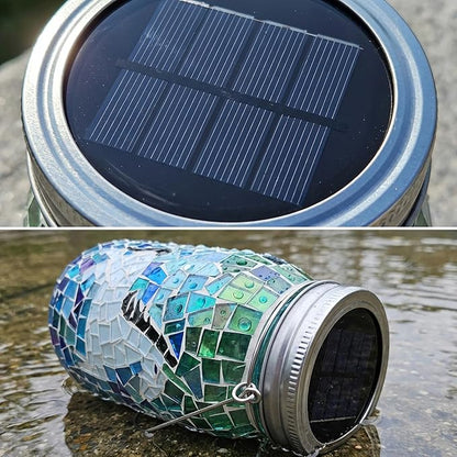 7.5" Large Mosaic Solar Lantern Outdoor: Gradient Emerald Azure Stained Glass Jar Decorative Silhouette Hanging Lights for Garden Patio Yard Artistic Glass Vase Table Lamp Gifts for Women